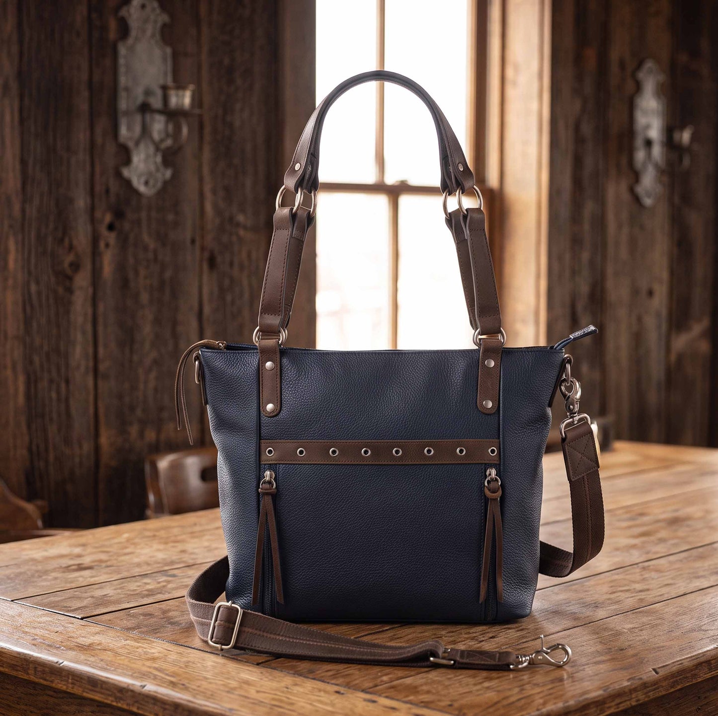 Leather BOHO Shoulder Tote Concealed Carry Purse USA Cowhide - Indigo