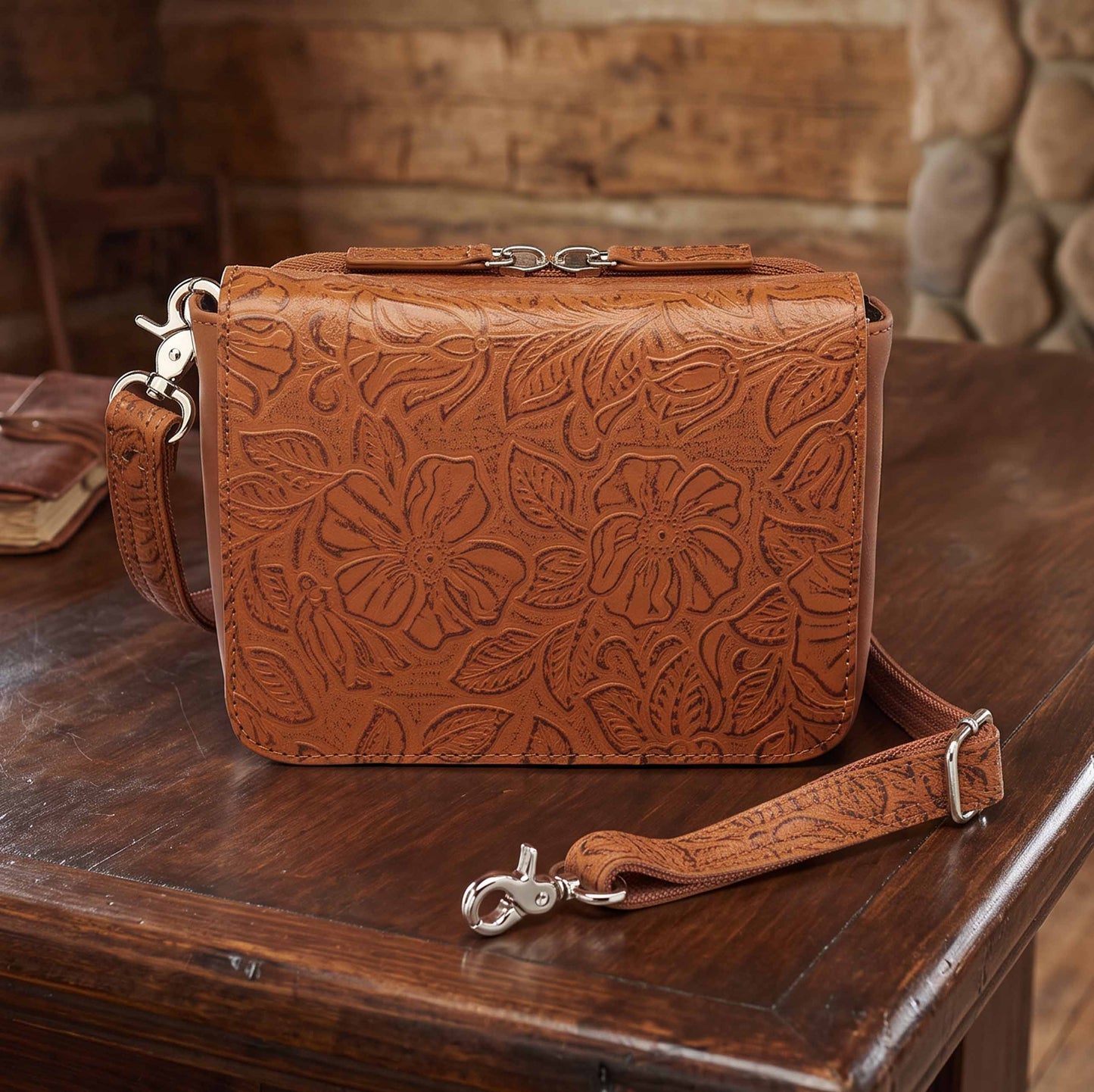 Leather Crossbody Organizer Concealed Carry Purse USA Cowhide - Tan