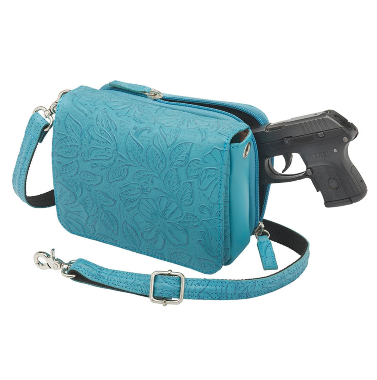 Leather Crossbody Organizer Concealed Carry Purse USA Cowhide - Turquoise