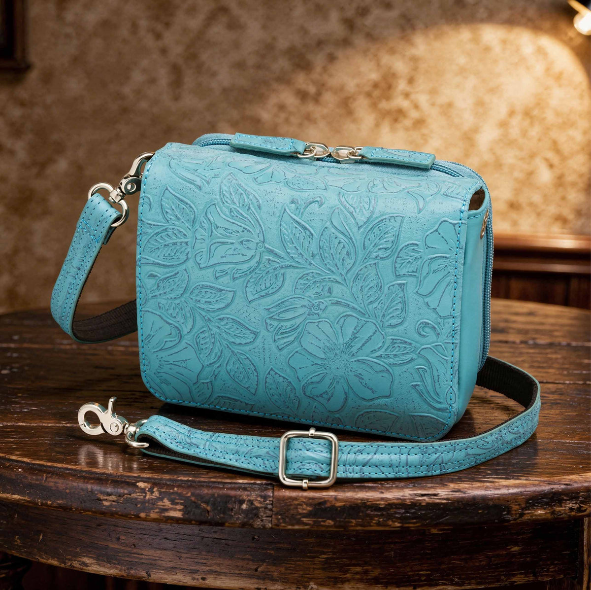 Leather Crossbody Organizer Concealed Carry Purse USA Cowhide - Turquoise