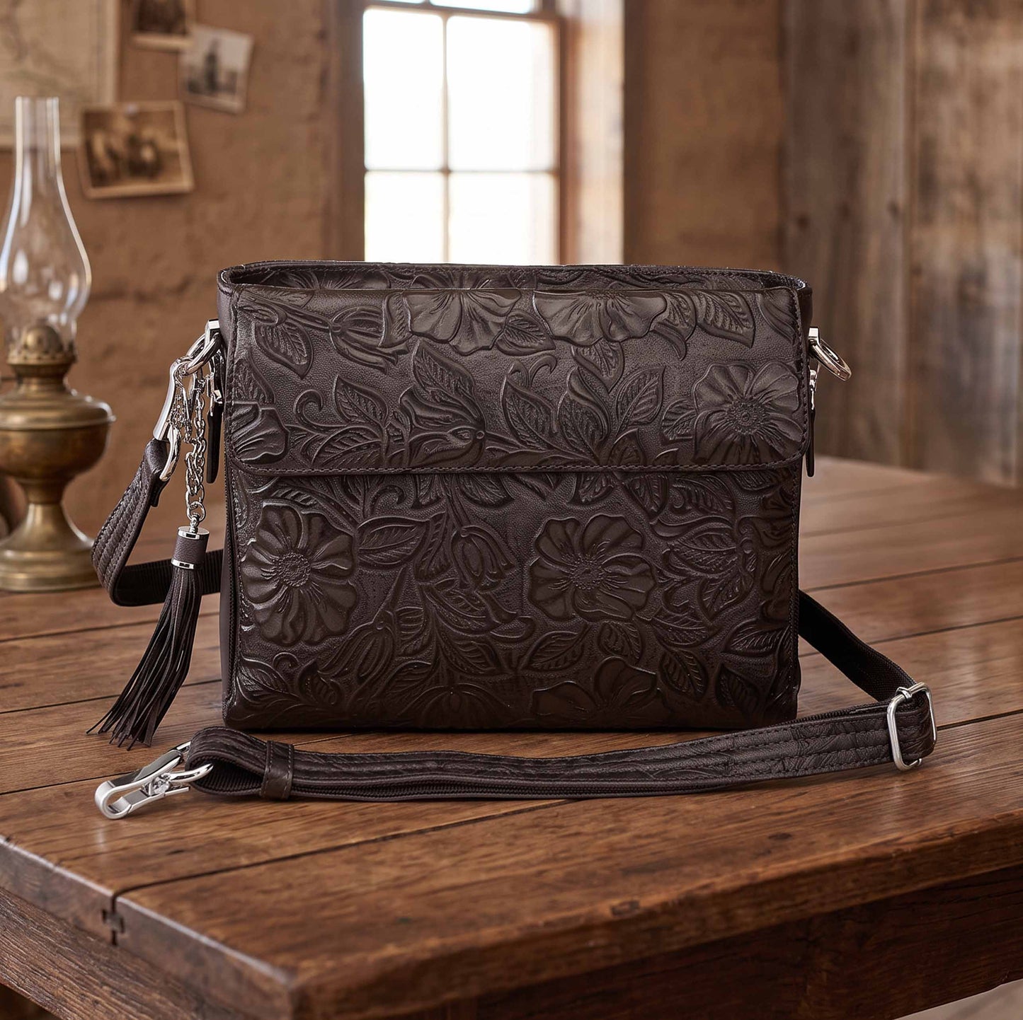 Leather Clutch Concealed Carry Purse Debossed USA Cowhide - Black