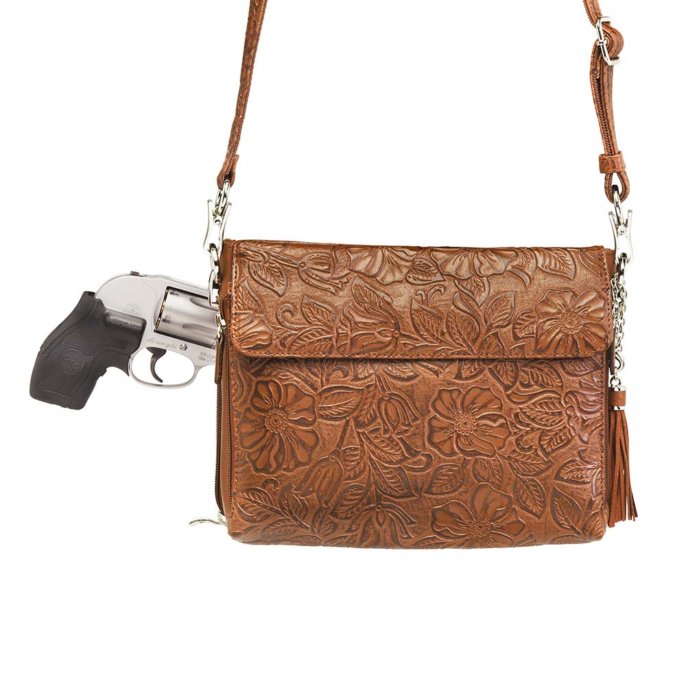 Leather Clutch Concealed Carry Purse Debossed USA Cowhide - Tan