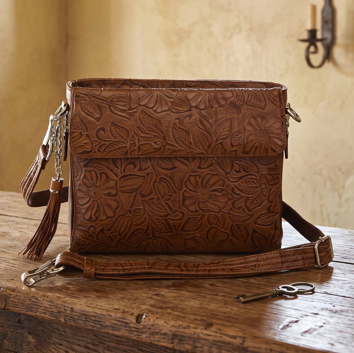 Leather Clutch Concealed Carry Purse Debossed USA Cowhide - Tan