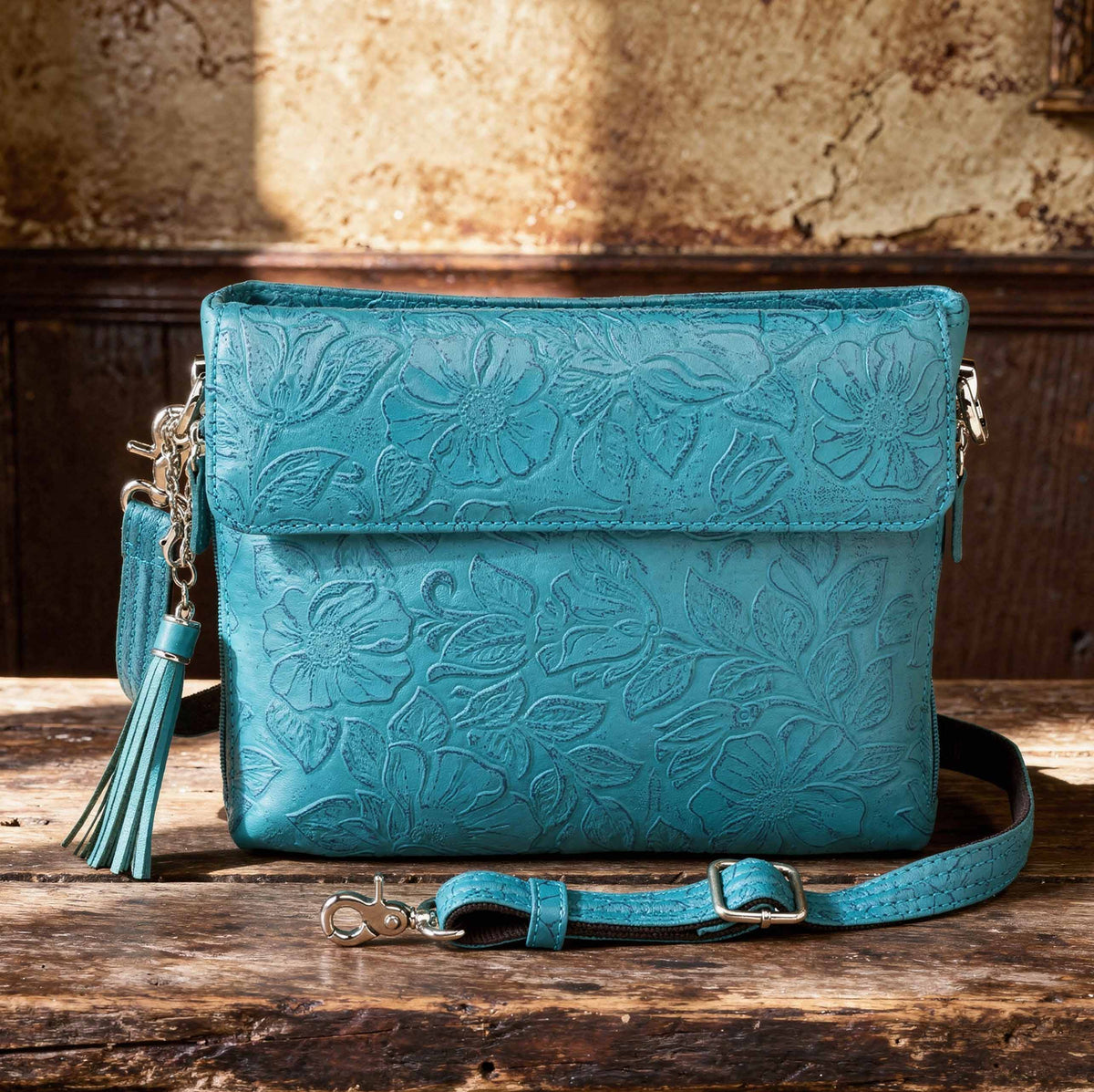 Leather Clutch Concealed Carry Purse Debossed USA Cowhide - Turquoise