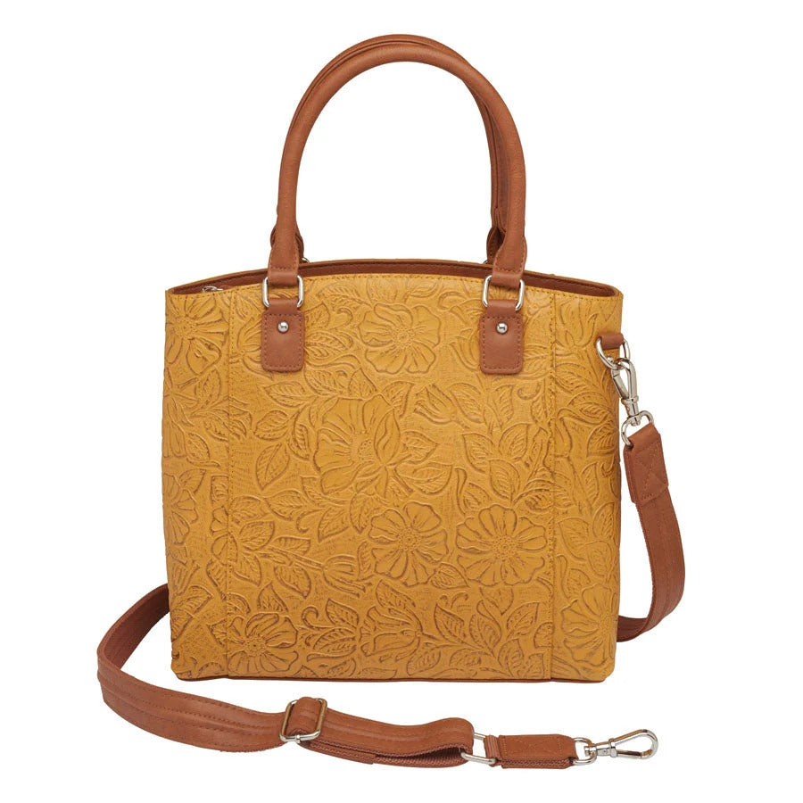 Town Tote Concealed Carry Purse Tooled Cowhide - Mustard