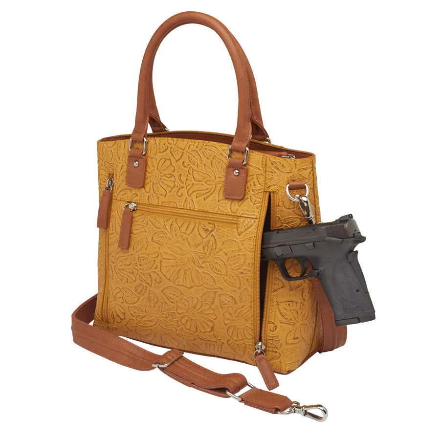 Town Tote Concealed Carry Purse Tooled Cowhide - Mustard