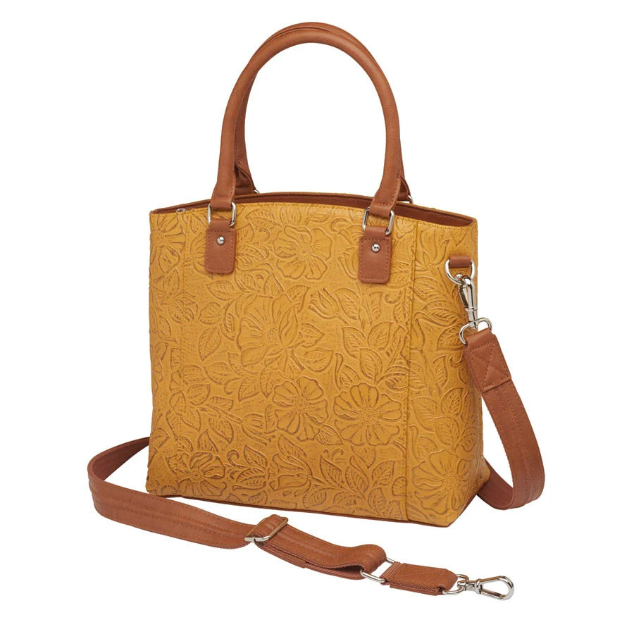 Town Tote Concealed Carry Purse Tooled Cowhide - Mustard