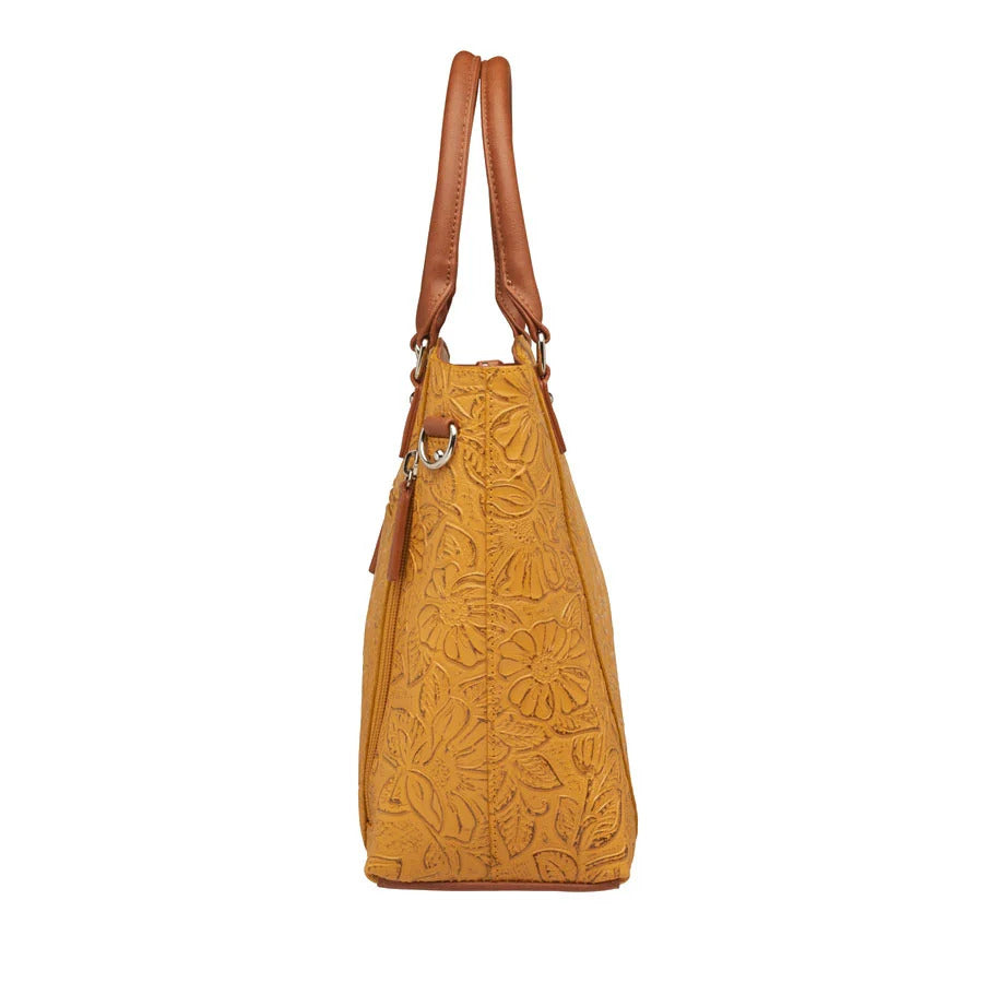 Town Tote Concealed Carry Purse Tooled Cowhide - Mustard