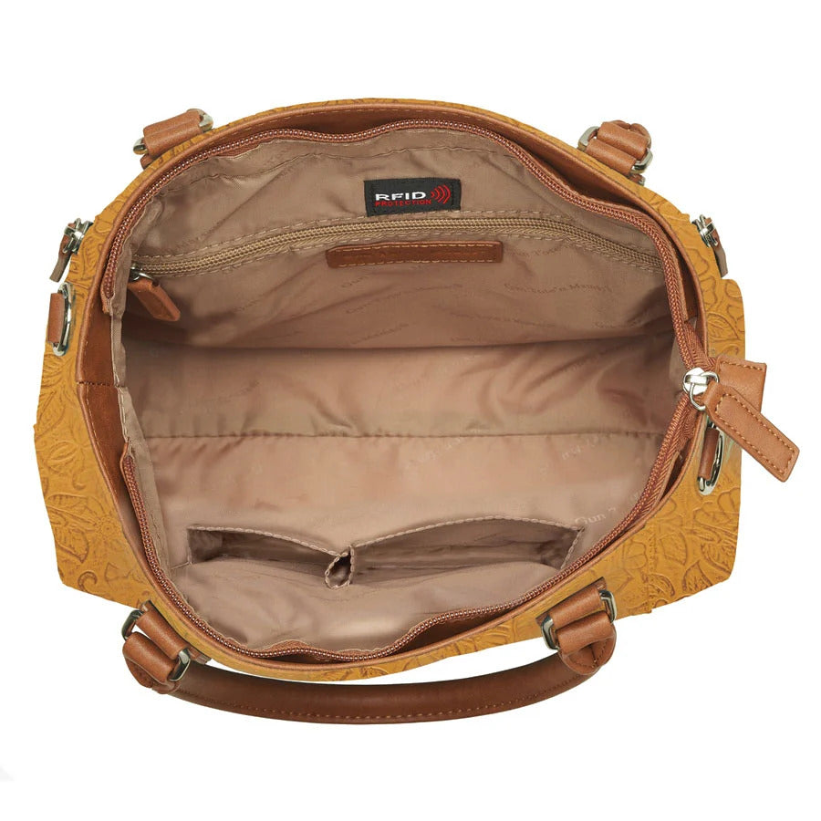 Town Tote Concealed Carry Purse Tooled Cowhide - Mustard