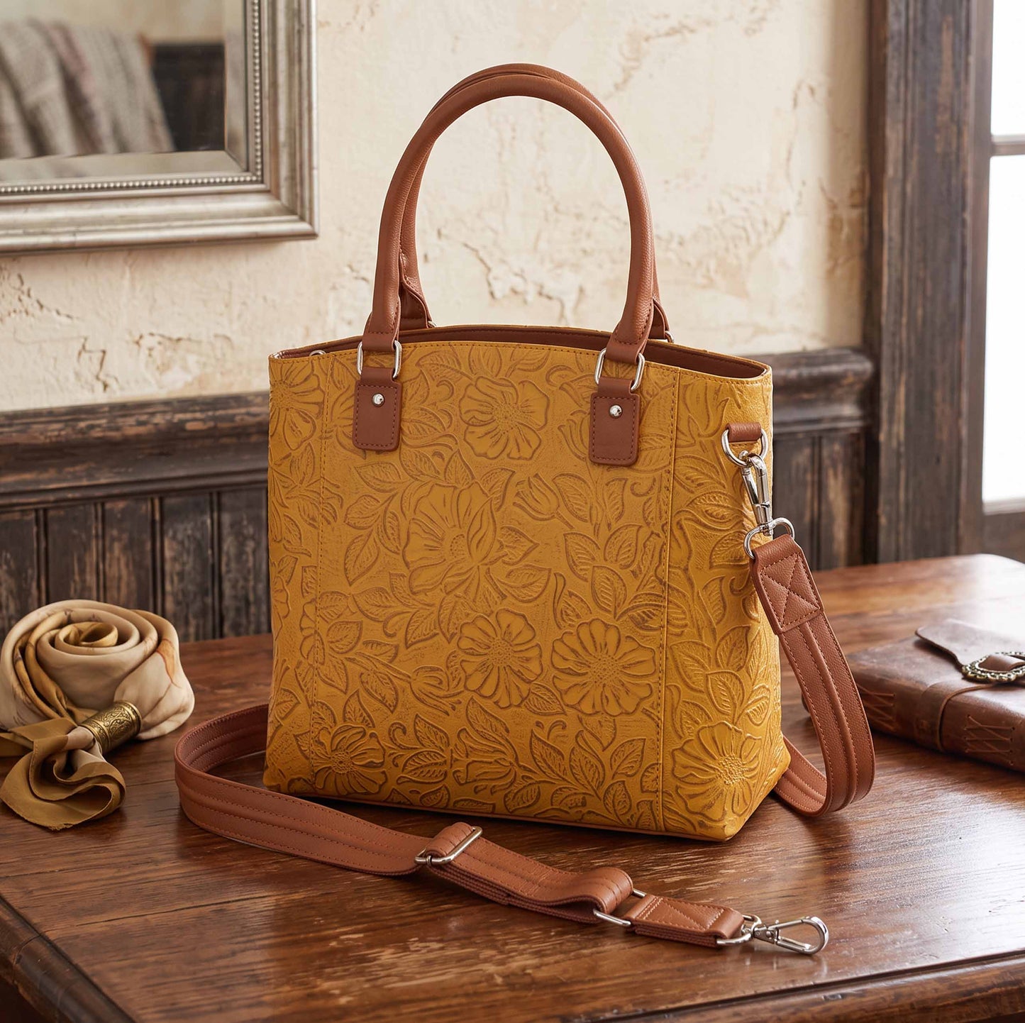 Town Tote Concealed Carry Purse Tooled Cowhide - Mustard