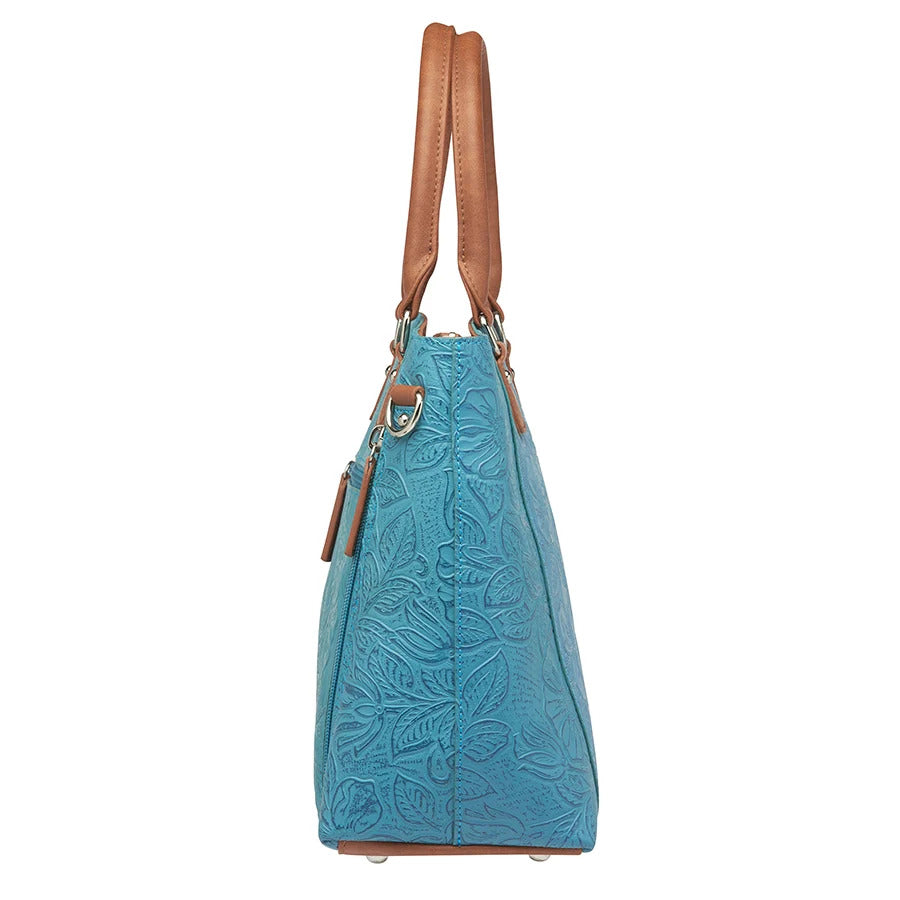 Town Tote Concealed Carry Purse Tooled Cowhide - Turquoise