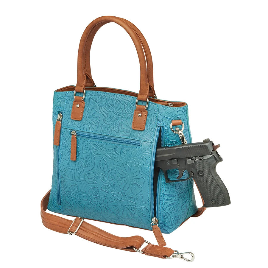 Town Tote Concealed Carry Purse Tooled Cowhide - Turquoise