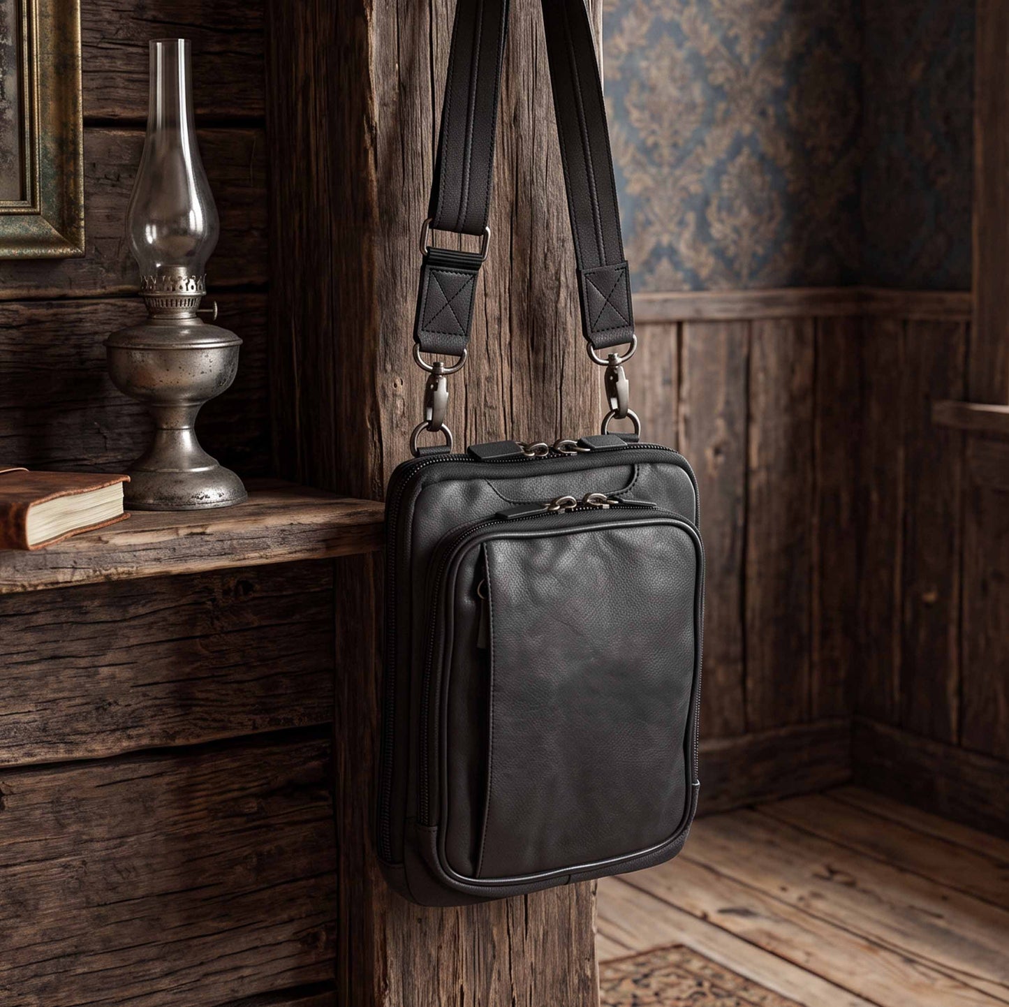 Crossbody Shoulder Pouch Concealed Carry Bag Leather - Black
