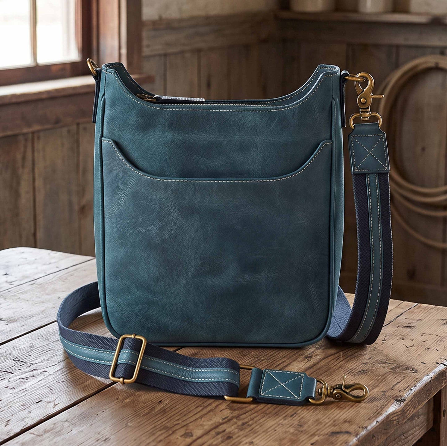 Crossbody Slim Satchel, Distressed Buffalo - Blue