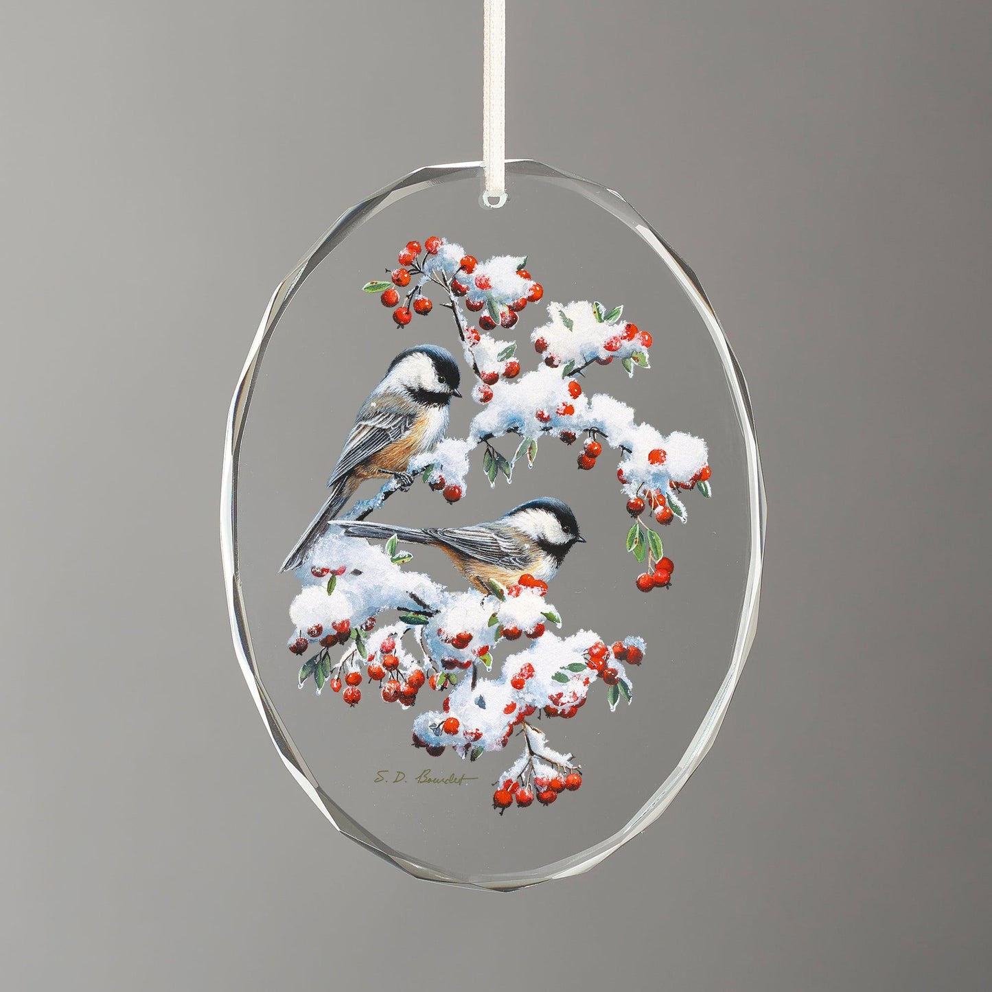 Winter Morning - Chickadees - Oval Glass Ornament