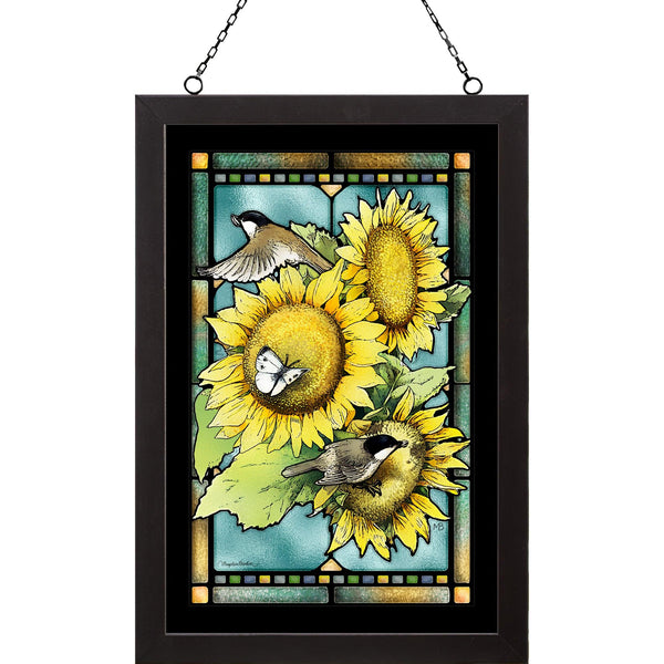 Chickadees & Sunflowers - 20" x 14" Stained Glass Art