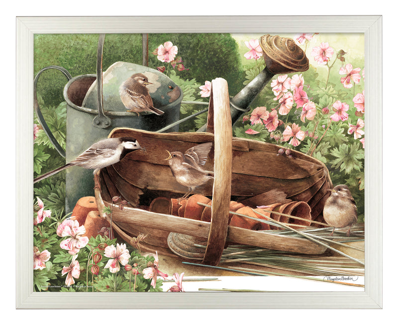 Around Lunch by Marjolein Bastin on Wild Wings shows small birds gathered around a garden trug filled with pots and tools, surrounded by pink flowers.
