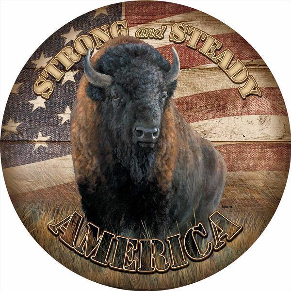 America, Strong and Steady—Bison - 21" Round Wood Sign