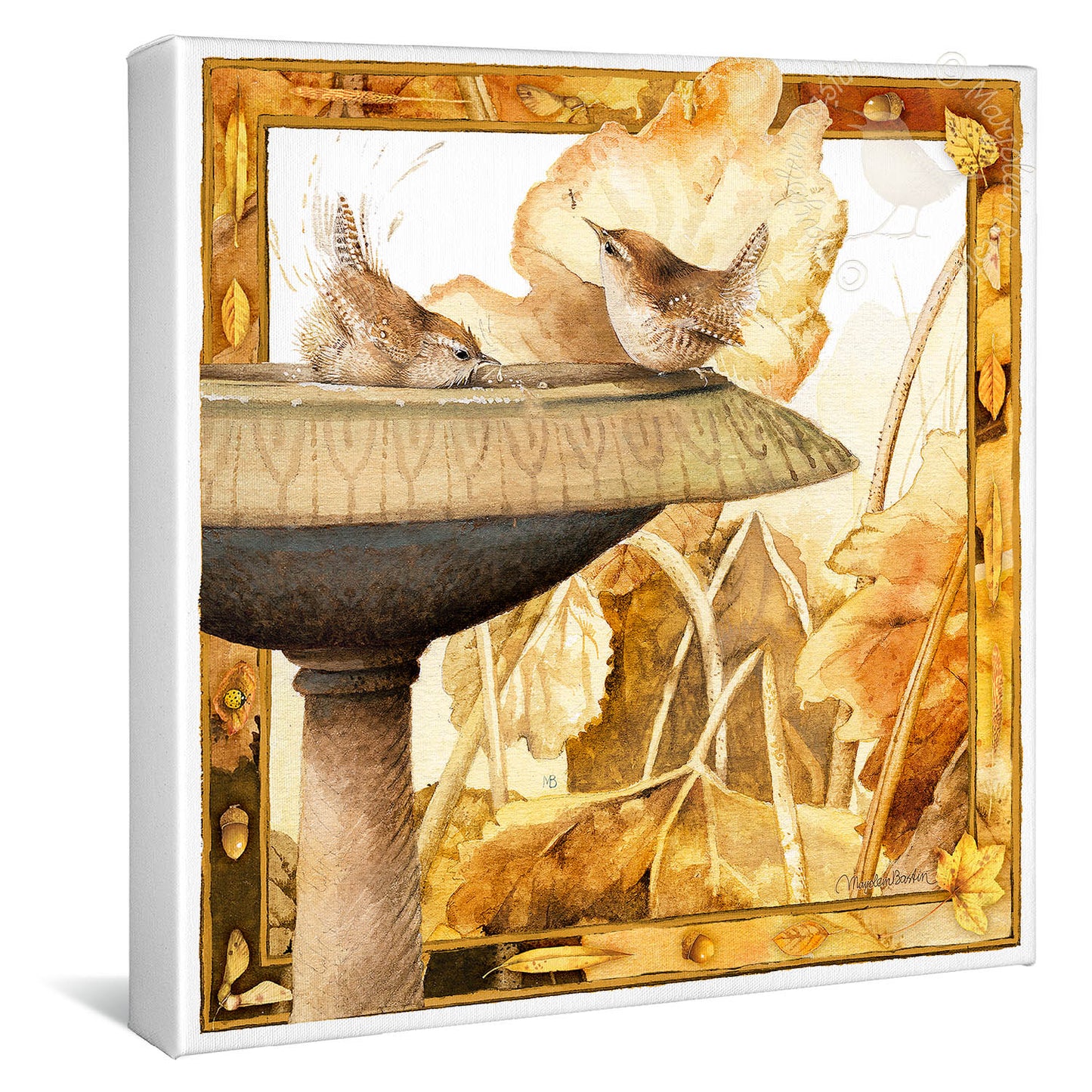Autumn Bath Wrens - 14" x 4" Gallery Wrapped Canvas