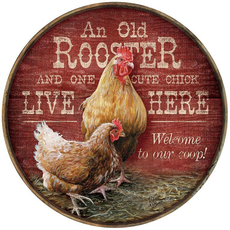 Rooster Lives Here - 21"  Personalized Round Wood Sign