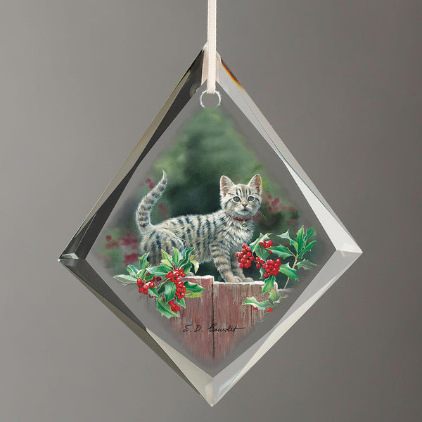 Kitten and Holly - Tear Drop Glass Ornament