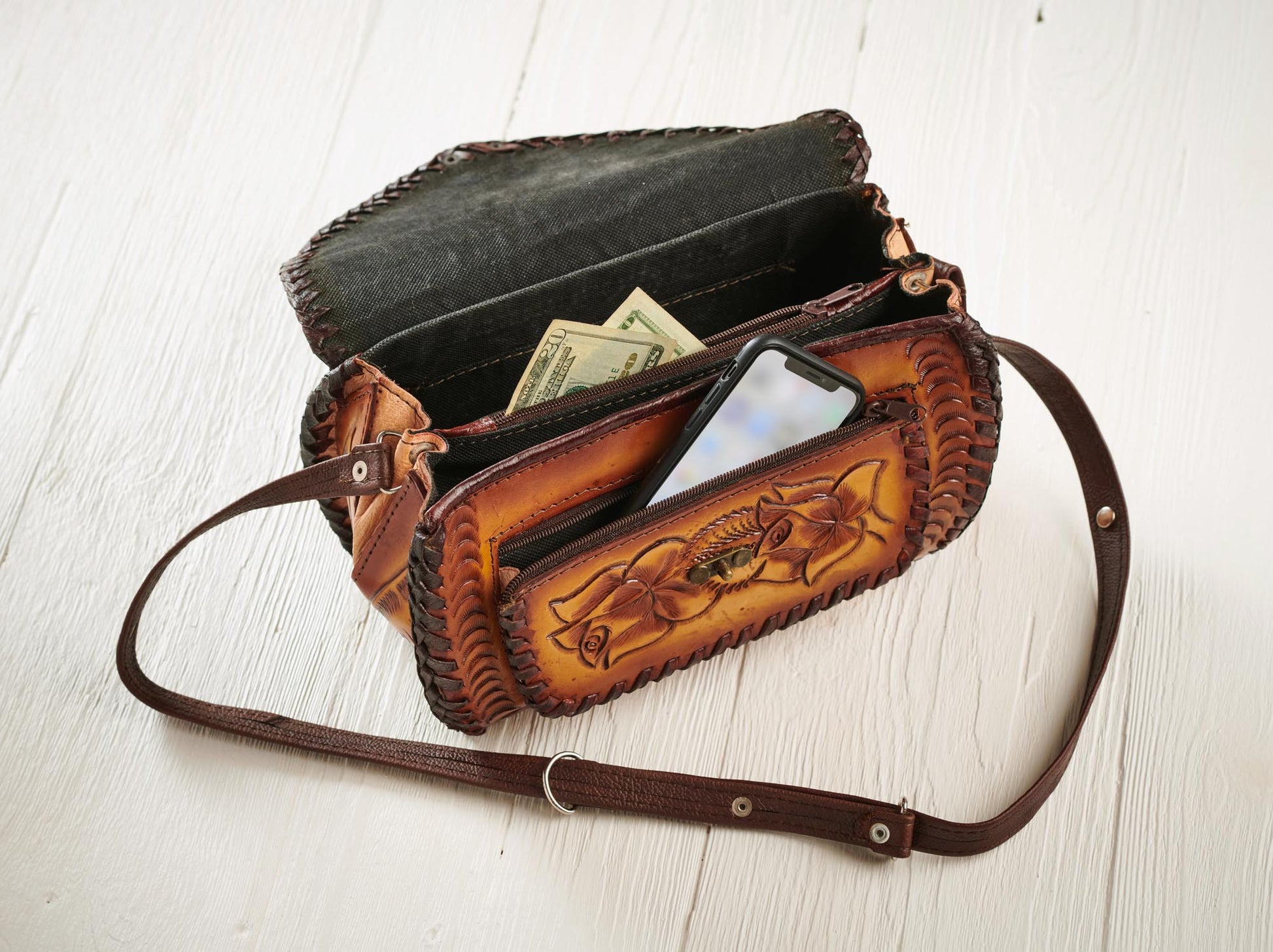 Tan Tooled Leather Barrel Handbag - Wild Wings