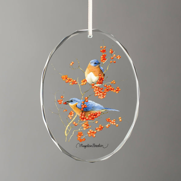 Feasting Bluebirds Oval Glass Ornament - Wild Wings