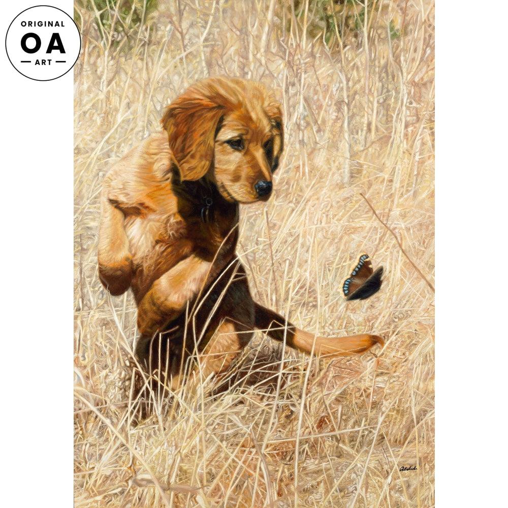 Butterfly Dance—Golden Retriever and Mourning Cloak Butterfly Original Oil Painting - Wild Wings