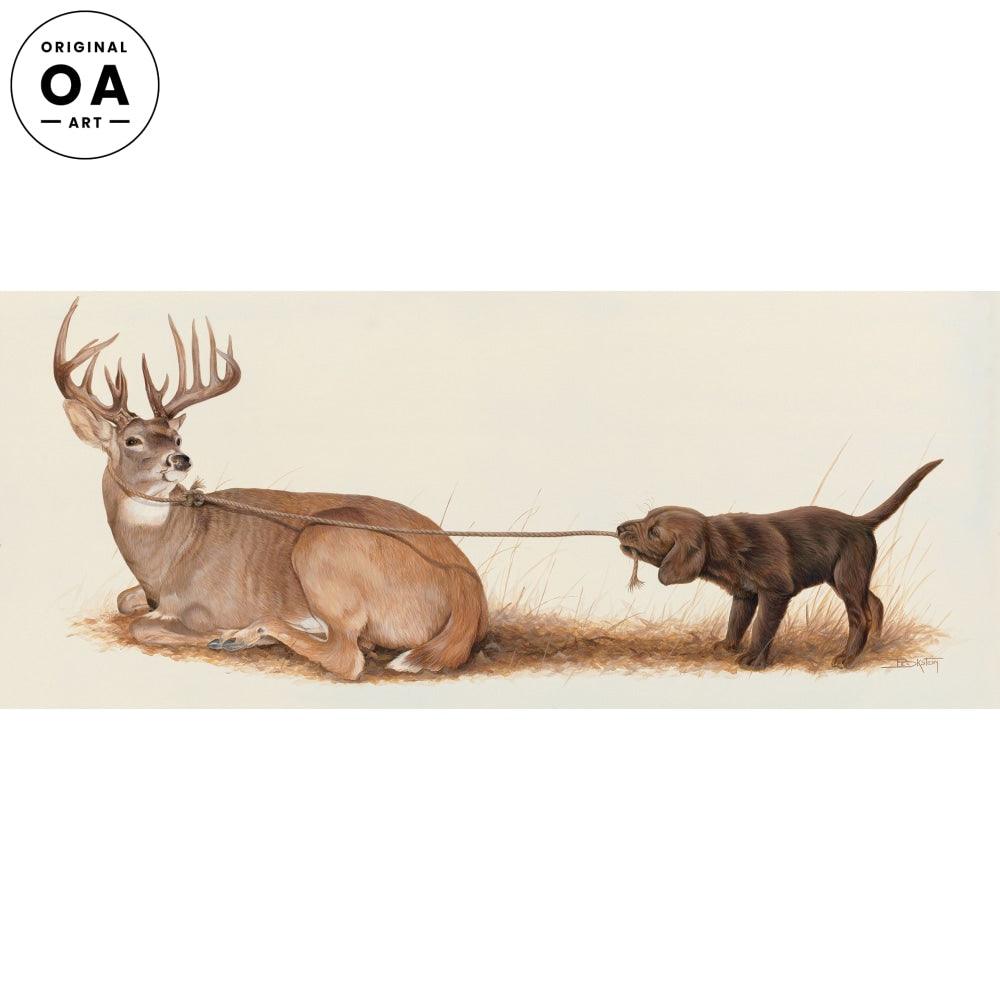 Rope a Dope—Chocolate Lab and Whitetail Deer Original Acrylic Painting - Wild Wings