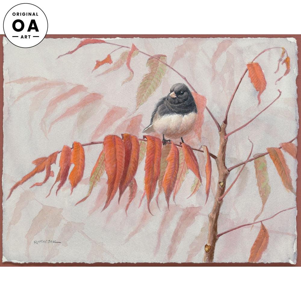 Junco & Fall Sumac Original Watercolor Painting - Wild Wings