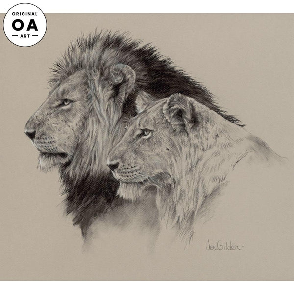 Lion Pair Charcoal Original Charcoal Drawing - Wild Wings