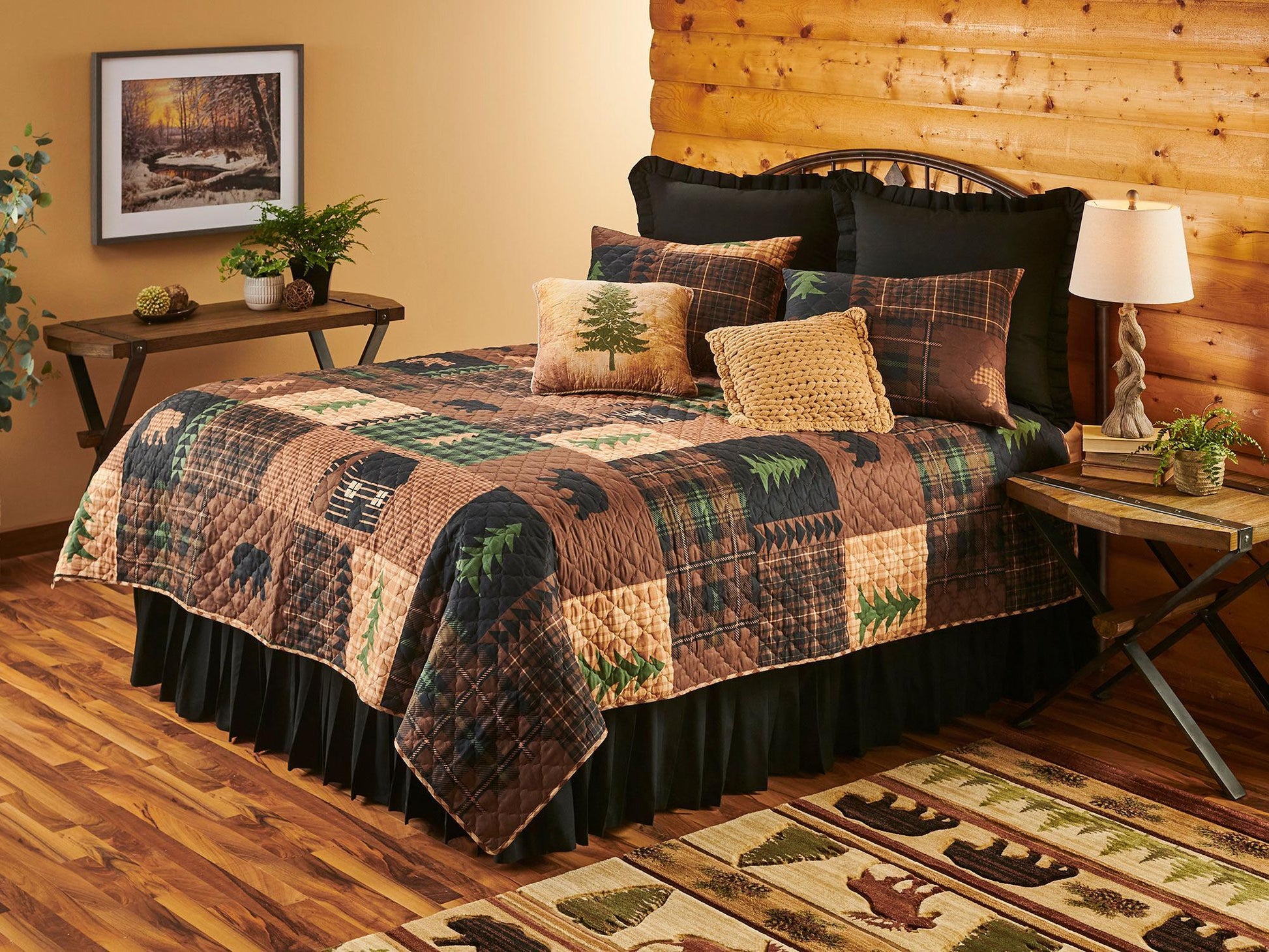 Log Cabin Plaid Bedding Set (King) by Wild Wings features a rustic patchwork quilt with bear and pine tree motifs in earthy cabin tones.
