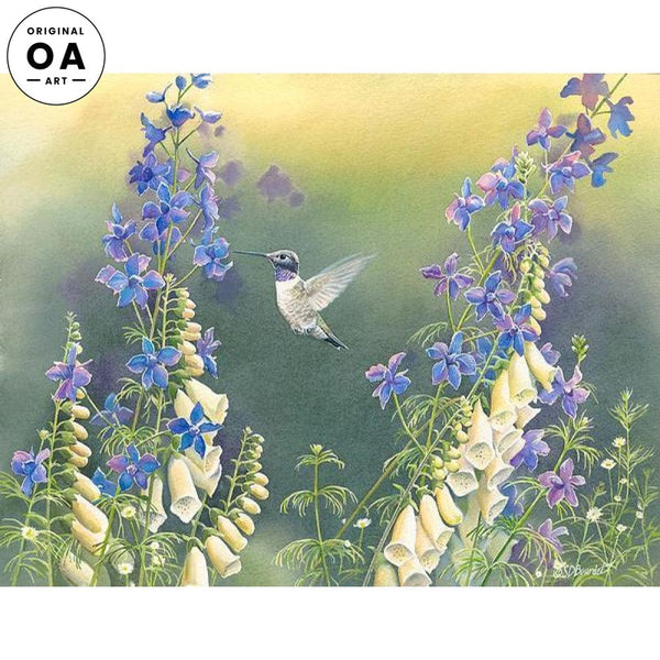 Black Chinned Hummingbird & Flowers Original Watercolor Painting - Wild Wings