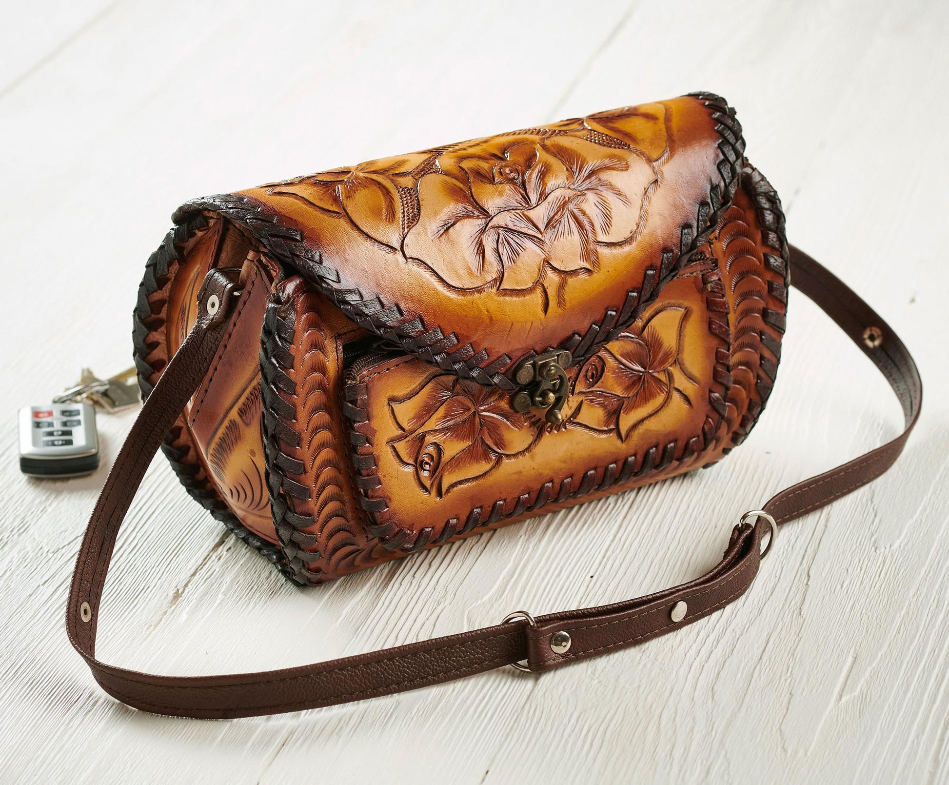 Tan Tooled Leather Barrel Handbag - Wild Wings