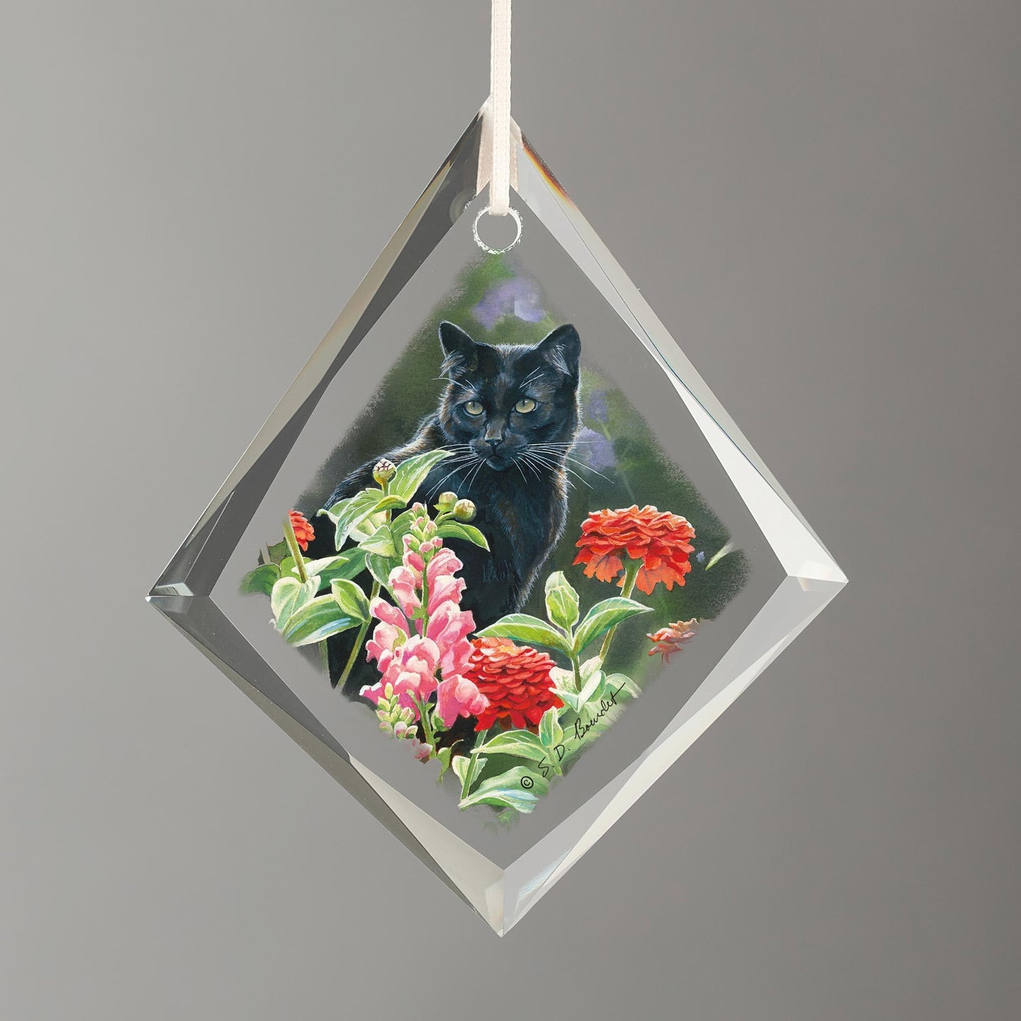 Max in the Zinnias Diamond-Shape Glass Ornament - Wild Wings