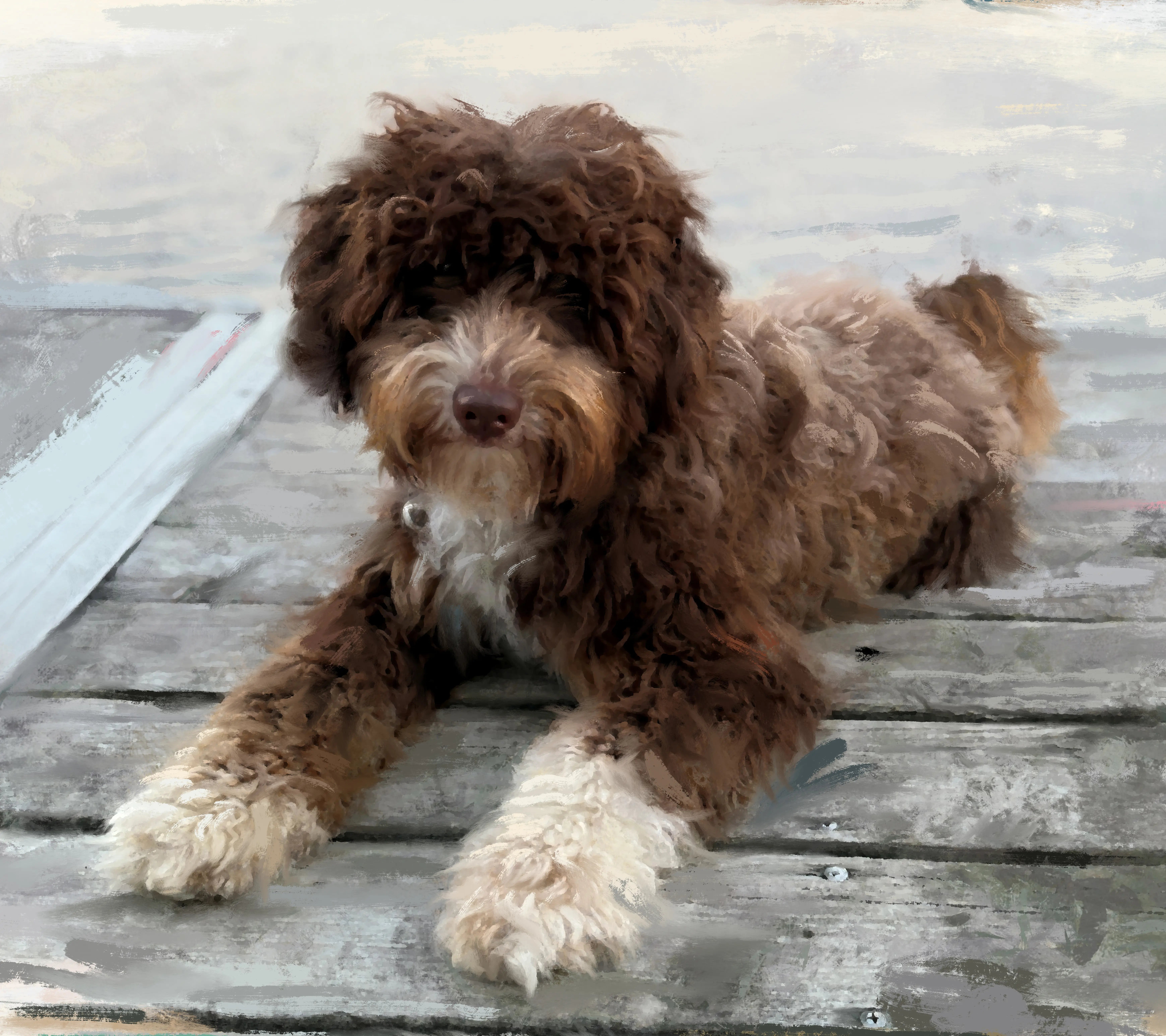 Before-and-after style dog portrait on canvas